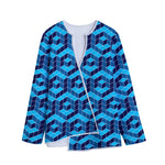 Blue Geometric Cube Shape Pattern Print Long Sleeve Short Coat