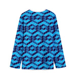 Blue Geometric Cube Shape Pattern Print Long Sleeve Short Coat