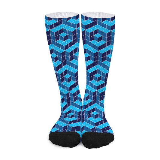 Blue Geometric Cube Shape Pattern Print Long Socks
