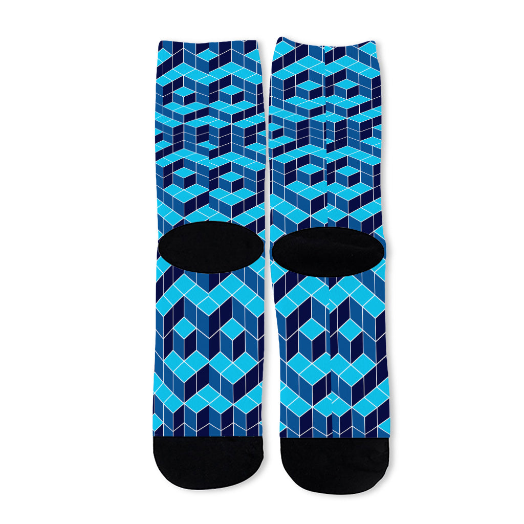 Blue Geometric Cube Shape Pattern Print Long Socks