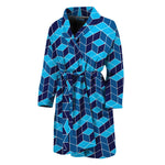 Blue Geometric Cube Shape Pattern Print Men's Bathrobe