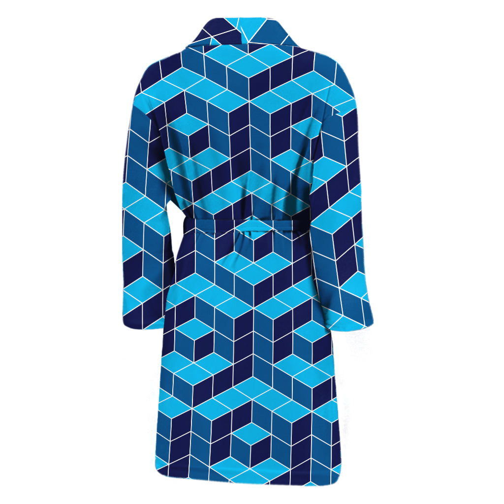 Blue Geometric Cube Shape Pattern Print Men's Bathrobe