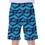 Blue Geometric Cube Shape Pattern Print Men's Beach Shorts