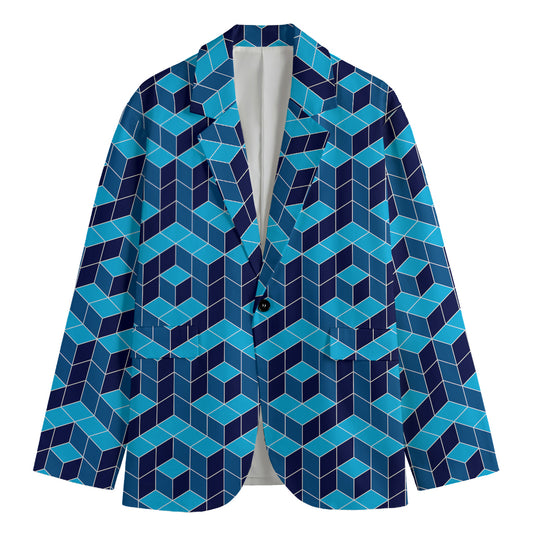 Blue Geometric Cube Shape Pattern Print Men's Blazer