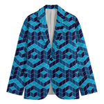 Blue Geometric Cube Shape Pattern Print Men's Blazer