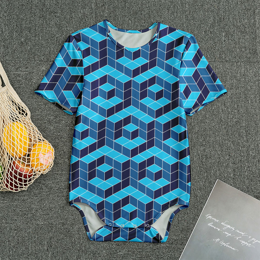 Blue Geometric Cube Shape Pattern Print Men's Bodysuit