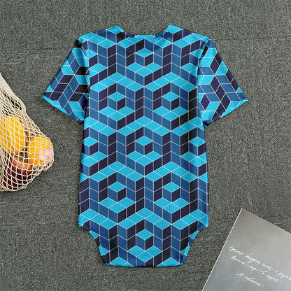 Blue Geometric Cube Shape Pattern Print Men's Bodysuit