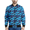 Blue Geometric Cube Shape Pattern Print Men's Bomber Jacket