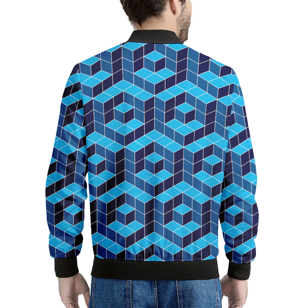 Blue Geometric Cube Shape Pattern Print Men's Bomber Jacket