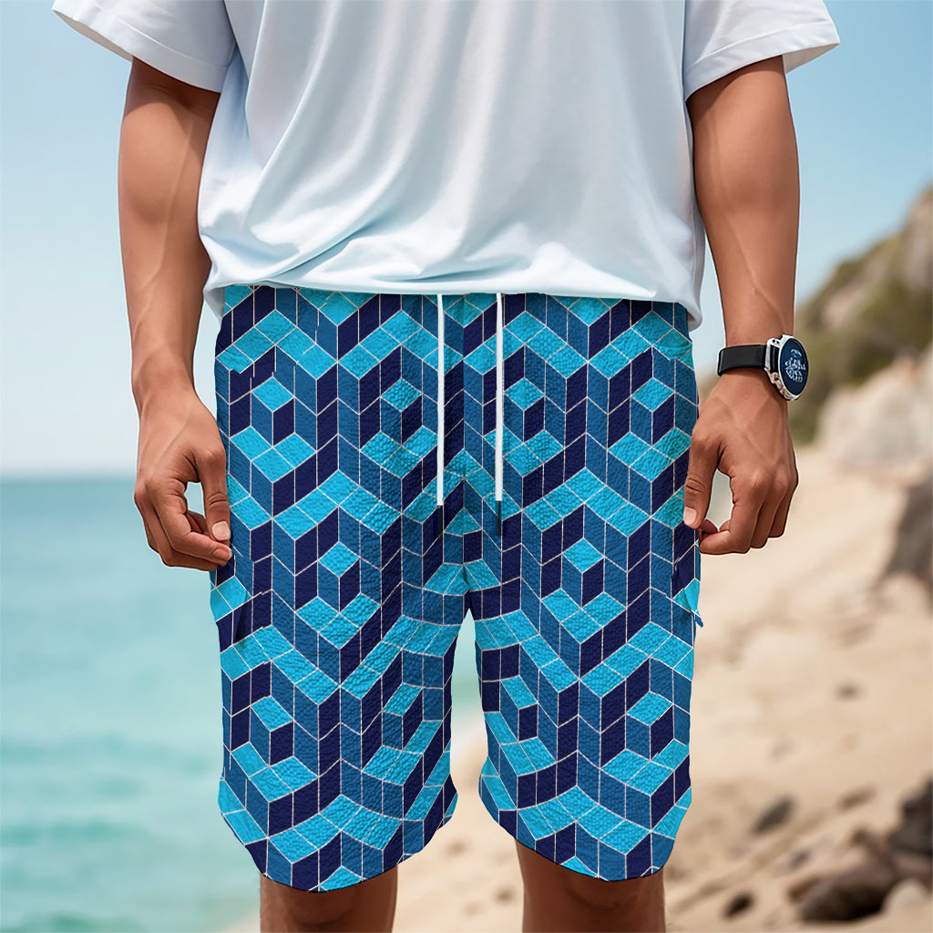 Blue Geometric Cube Shape Pattern Print Men's Cargo Shorts