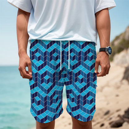 Blue Geometric Cube Shape Pattern Print Men's Cargo Shorts