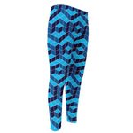 Blue Geometric Cube Shape Pattern Print Men's Compression Pants