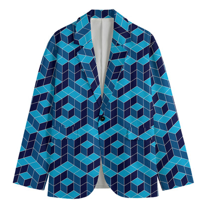 Blue Geometric Cube Shape Pattern Print Men's Cotton Blazer