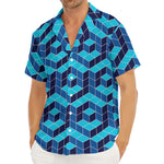 Blue Geometric Cube Shape Pattern Print Men's Deep V-Neck Shirt