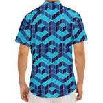 Blue Geometric Cube Shape Pattern Print Men's Deep V-Neck Shirt