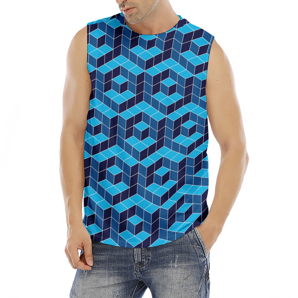 Blue Geometric Cube Shape Pattern Print Men's Fitness Tank Top