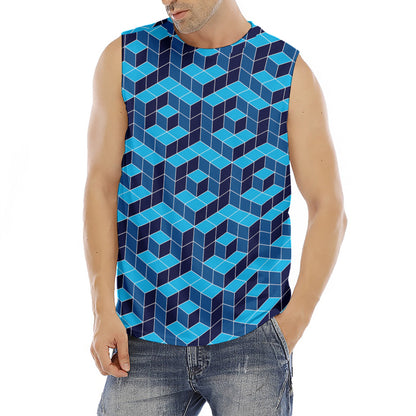 Blue Geometric Cube Shape Pattern Print Men's Fitness Tank Top