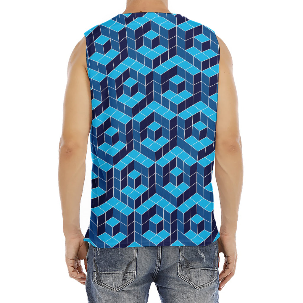 Blue Geometric Cube Shape Pattern Print Men's Fitness Tank Top