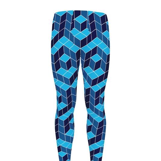 Blue Geometric Cube Shape Pattern Print Men's leggings