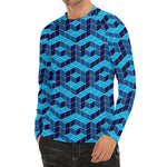 Blue Geometric Cube Shape Pattern Print Men's Long Sleeve Rash Guard
