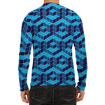 Blue Geometric Cube Shape Pattern Print Men's Long Sleeve Rash Guard