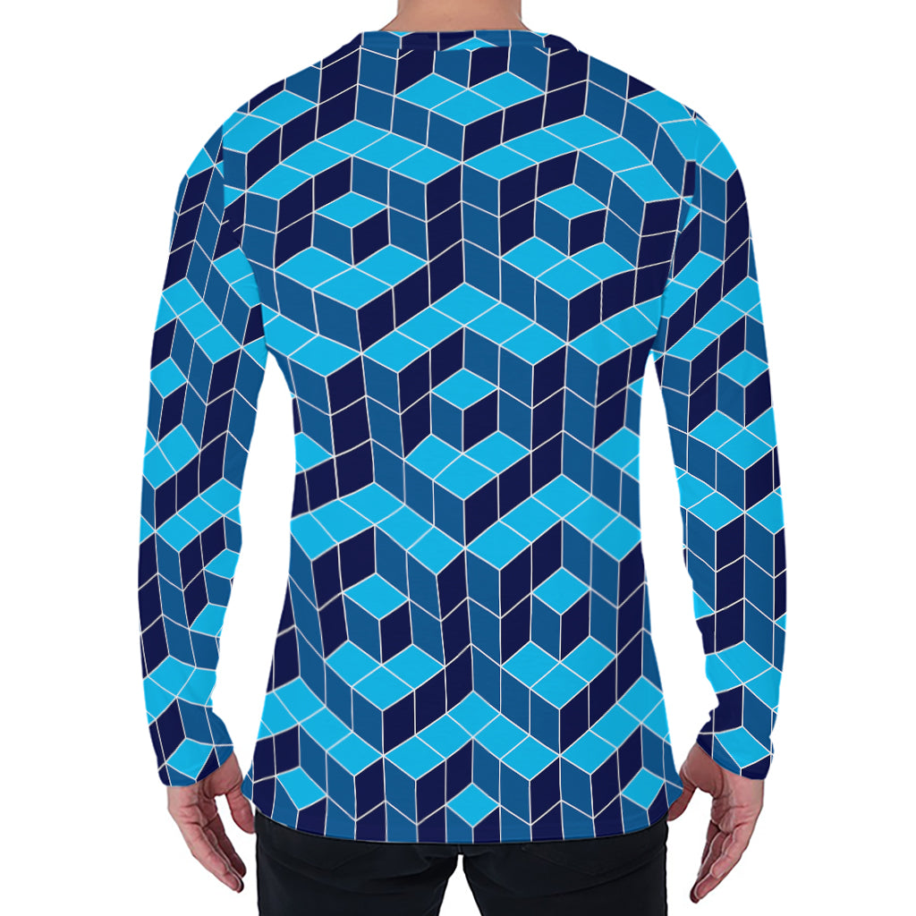 Blue Geometric Cube Shape Pattern Print Men's Long Sleeve T-Shirt
