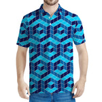 Blue Geometric Cube Shape Pattern Print Men's Polo Shirt