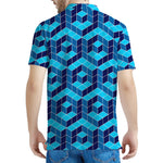 Blue Geometric Cube Shape Pattern Print Men's Polo Shirt