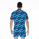 Blue Geometric Cube Shape Pattern Print Men's Rompers