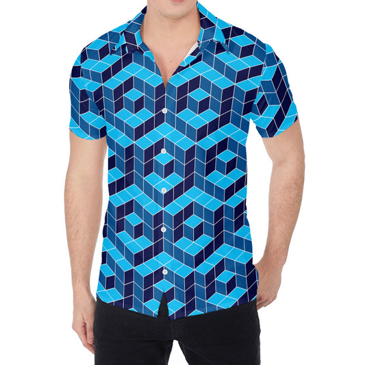 Blue Geometric Cube Shape Pattern Print Men's Shirt
