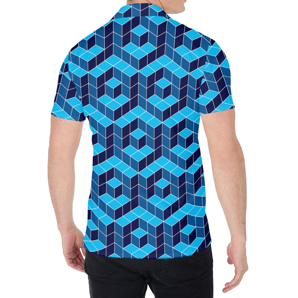 Blue Geometric Cube Shape Pattern Print Men's Shirt