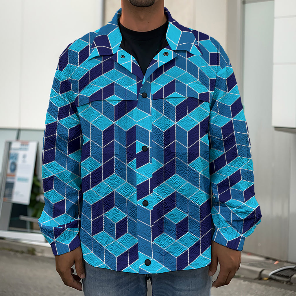 Blue Geometric Cube Shape Pattern Print Men's Shirt Jacket