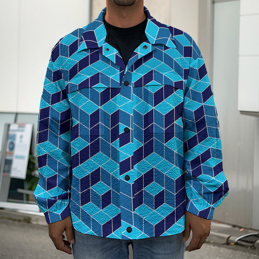Blue Geometric Cube Shape Pattern Print Men's Shirt Jacket