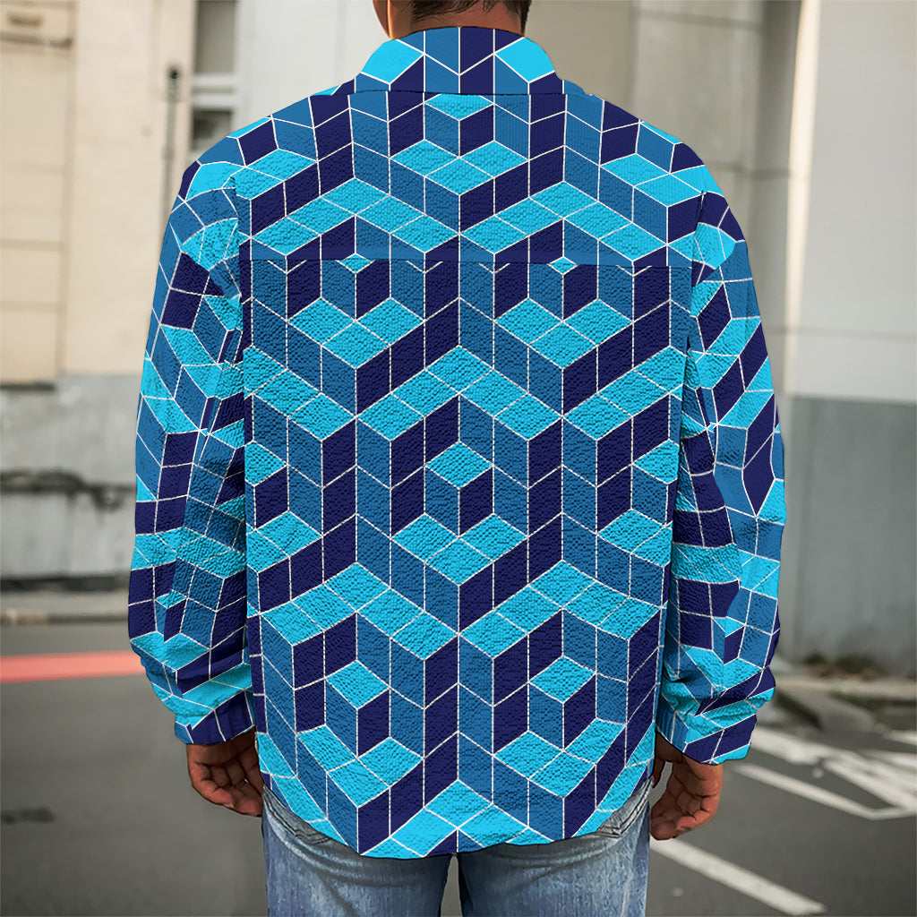 Blue Geometric Cube Shape Pattern Print Men's Shirt Jacket