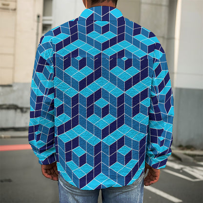 Blue Geometric Cube Shape Pattern Print Men's Shirt Jacket