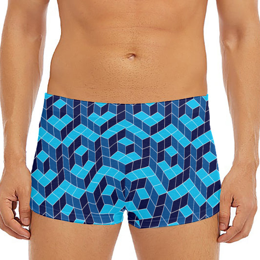 Blue Geometric Cube Shape Pattern Print Men's Short Boxer Briefs
