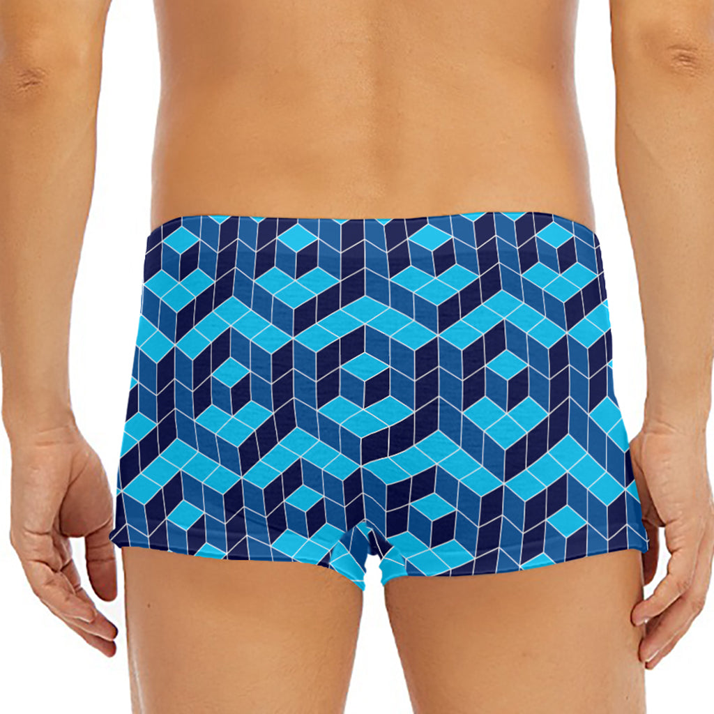 Blue Geometric Cube Shape Pattern Print Men's Short Boxer Briefs