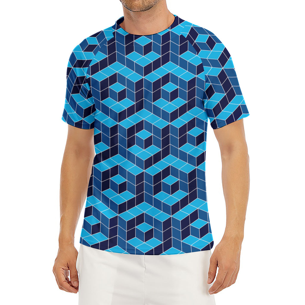 Blue Geometric Cube Shape Pattern Print Men's Short Sleeve Rash Guard