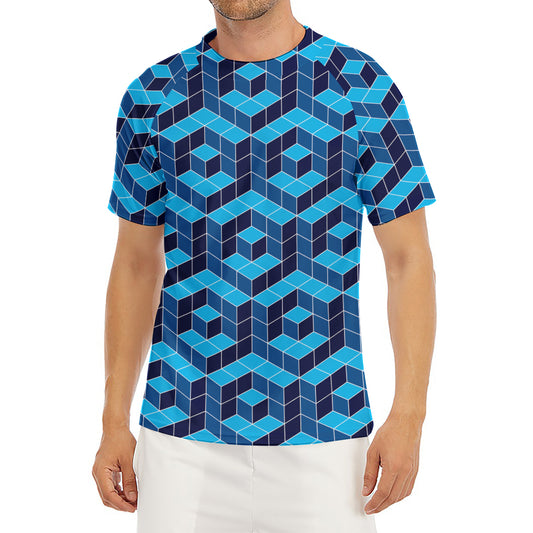 Blue Geometric Cube Shape Pattern Print Men's Short Sleeve Rash Guard