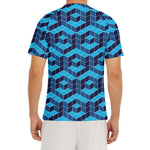 Blue Geometric Cube Shape Pattern Print Men's Short Sleeve Rash Guard