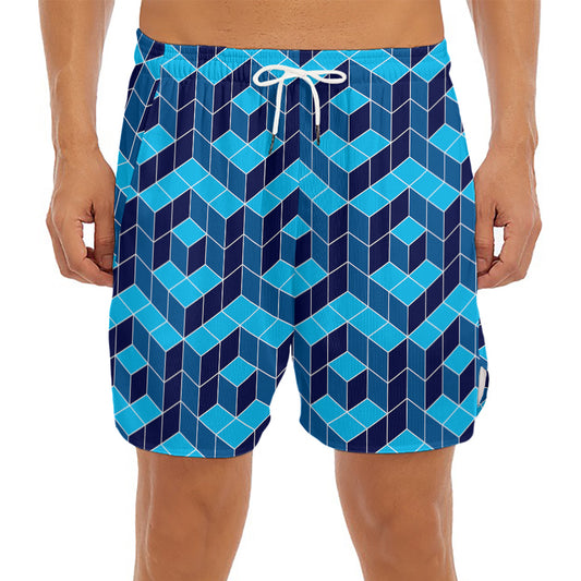 Blue Geometric Cube Shape Pattern Print Men's Split Running Shorts