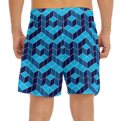 Blue Geometric Cube Shape Pattern Print Men's Split Running Shorts