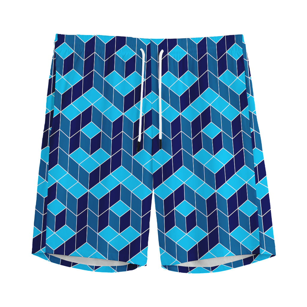 Blue Geometric Cube Shape Pattern Print Men's Sports Shorts