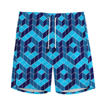 Blue Geometric Cube Shape Pattern Print Men's Sports Shorts