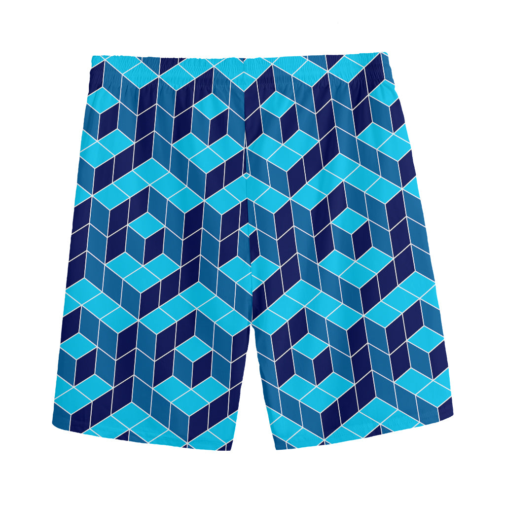 Blue Geometric Cube Shape Pattern Print Men's Sports Shorts