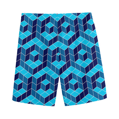 Blue Geometric Cube Shape Pattern Print Men's Sports Shorts