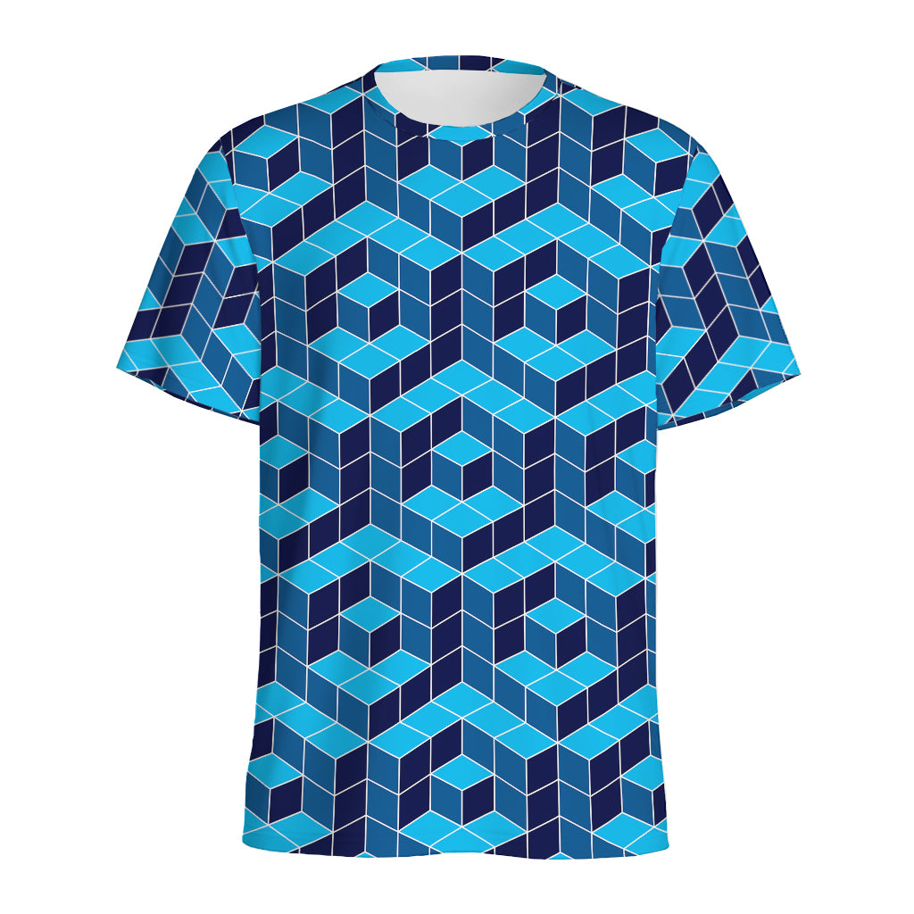 Blue Geometric Cube Shape Pattern Print Men's Sports T-Shirt