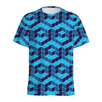 Blue Geometric Cube Shape Pattern Print Men's Sports T-Shirt