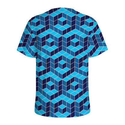 Blue Geometric Cube Shape Pattern Print Men's Sports T-Shirt