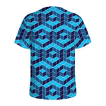 Blue Geometric Cube Shape Pattern Print Men's Sports T-Shirt